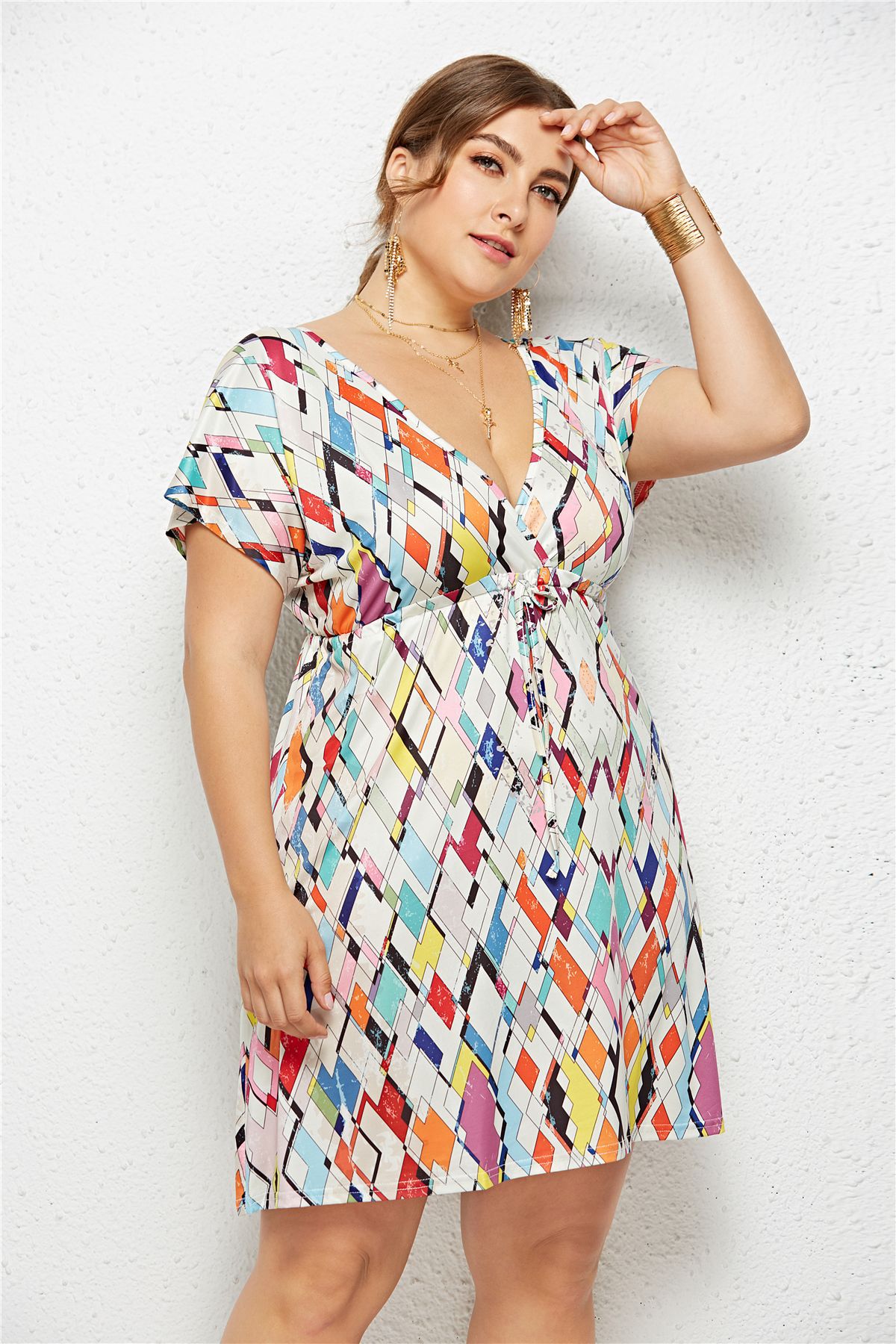 Printed Deep V-Neck Dress with Elastic Waist by Dealightful Finds