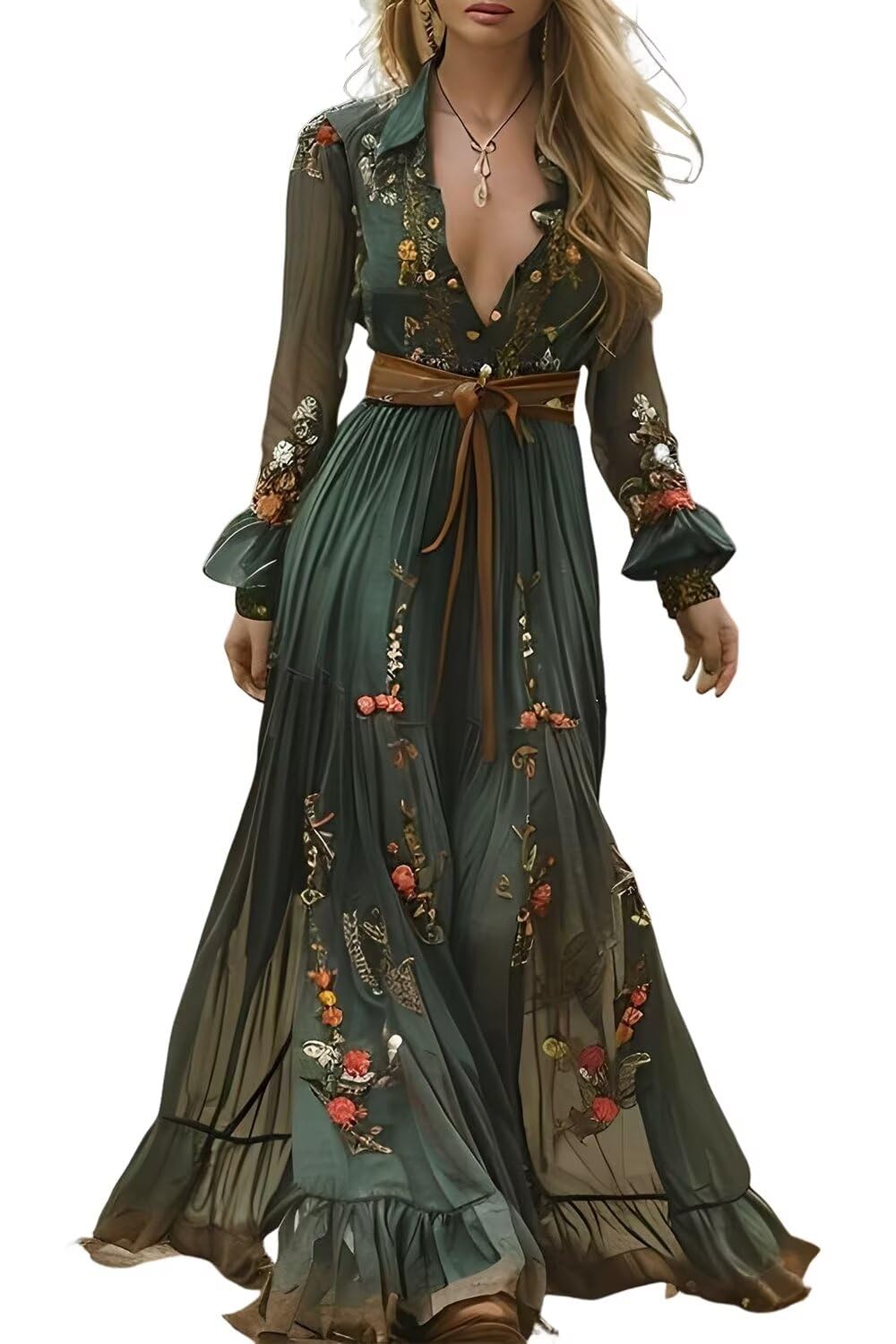 EEMEII Womens Long Sleeve Boho Dress 2024 Spring Cotton Maxi Dress Wedding Guest Casual Long Dress Fall Dress Elegant Dress Green by Dealightful Finds