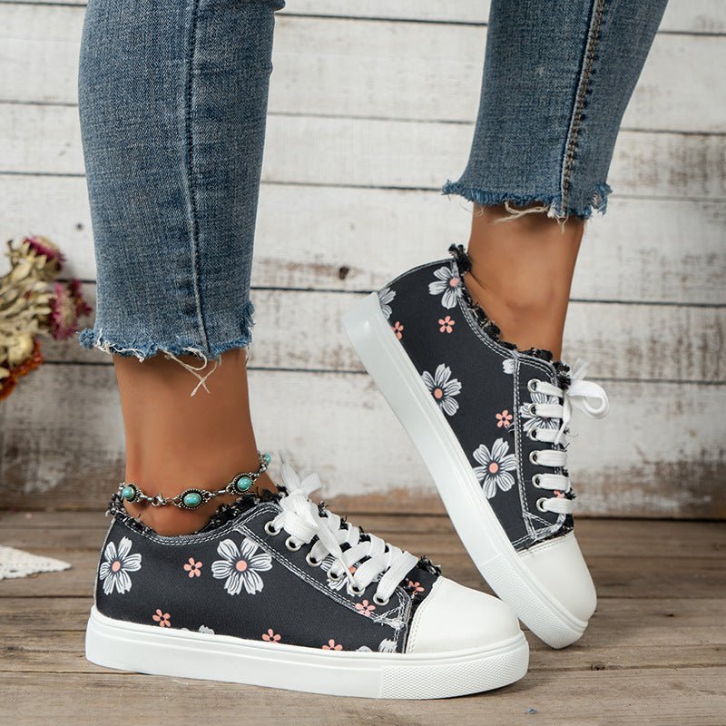 Summer Round-Toe Lace-Up Floral Canvas Shoes by Dealightful Finds