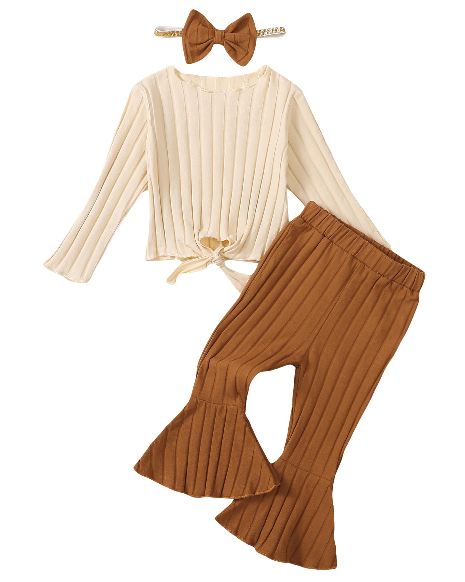 Kucnuzki Toddler Clothes 2T 3T Girl Clothes Apricot Long Sleeve Ruffle Shirt Bell Bottom High Waisted Flare Pants Cute Kids Clothes Little Girls Clothes by Dealightful Finds