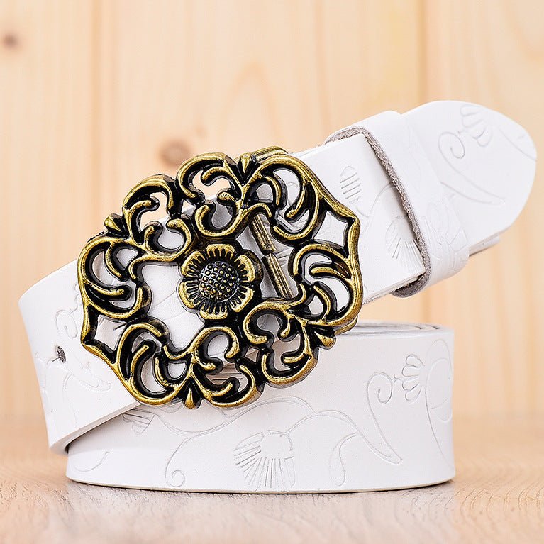 Elegant Wide Carved Flower Hollow Buckle Leather Belt by Dealightful Finds