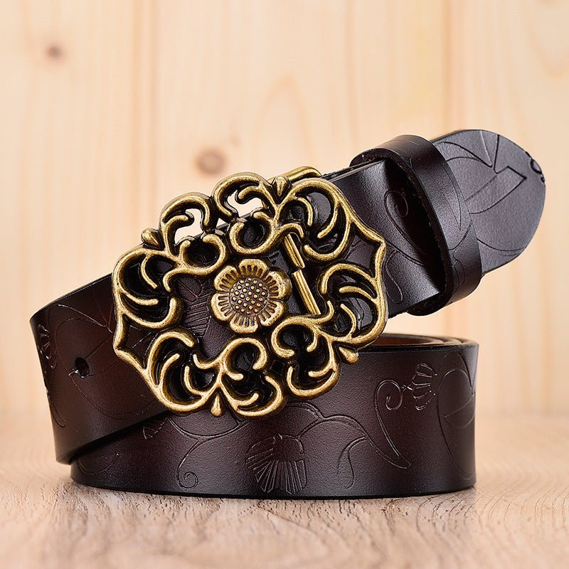 Elegant Wide Carved Flower Hollow Buckle Leather Belt by Dealightful Finds