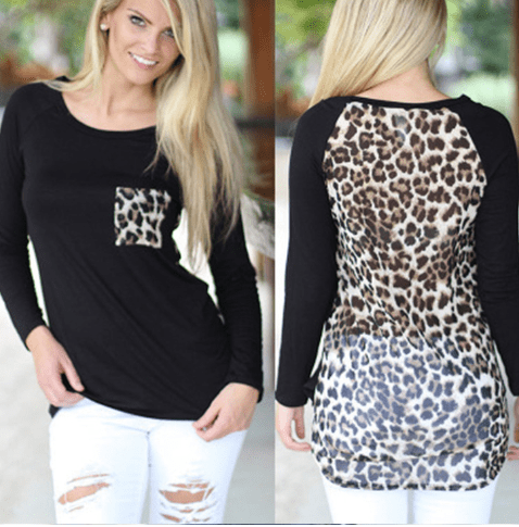 Leopard Print Chiffon Long Sleeve Pocket T-Shirt by Dealightful Finds