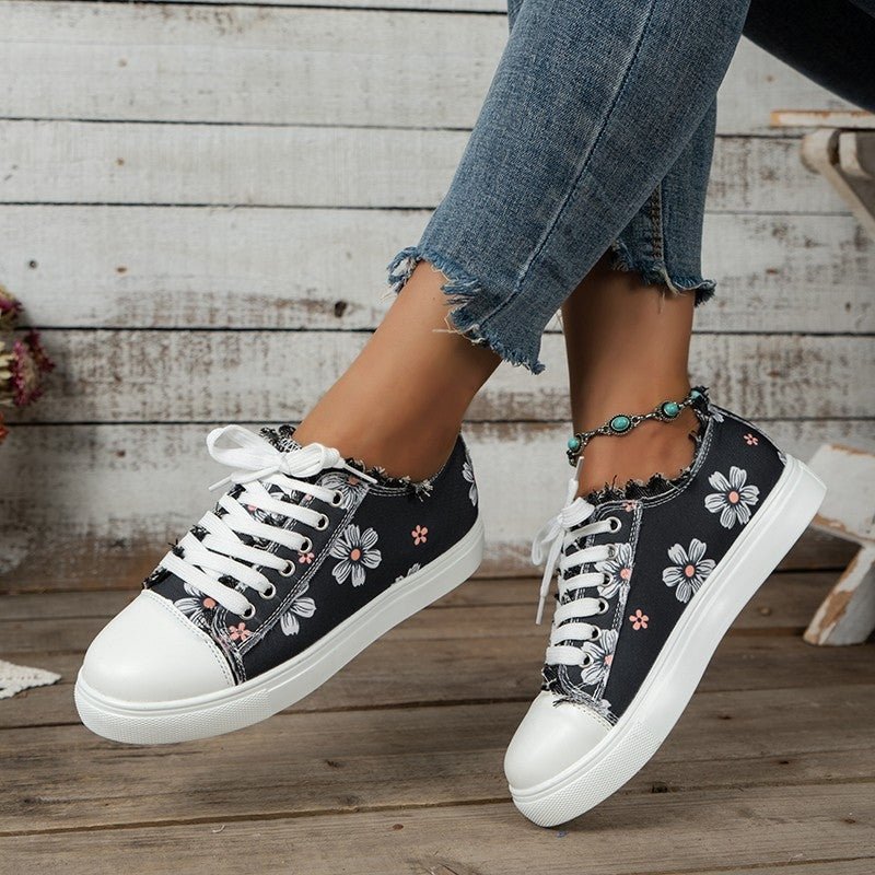 Summer Round-Toe Lace-Up Floral Canvas Shoes by Dealightful Finds