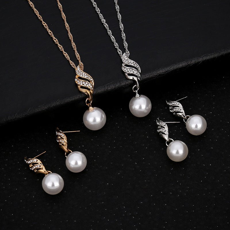 Pearl and Diamond Wave Earrings Necklace Set for Brides by Dealightful Finds