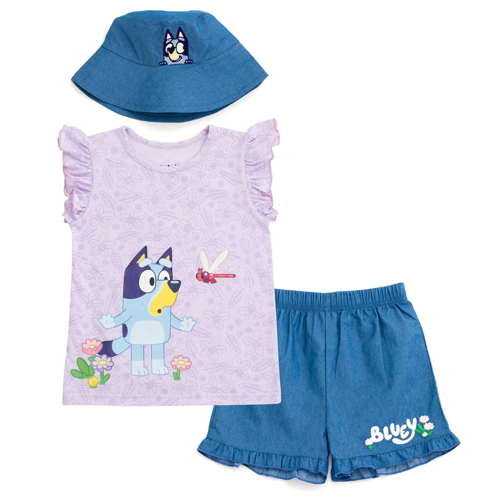 Bluey Floral Little Girls Tank Top Chambray Shorts and Bucket Sun Hat 3 Piece Outfit Set Purple/Blue 7-8 by Dealightful Finds