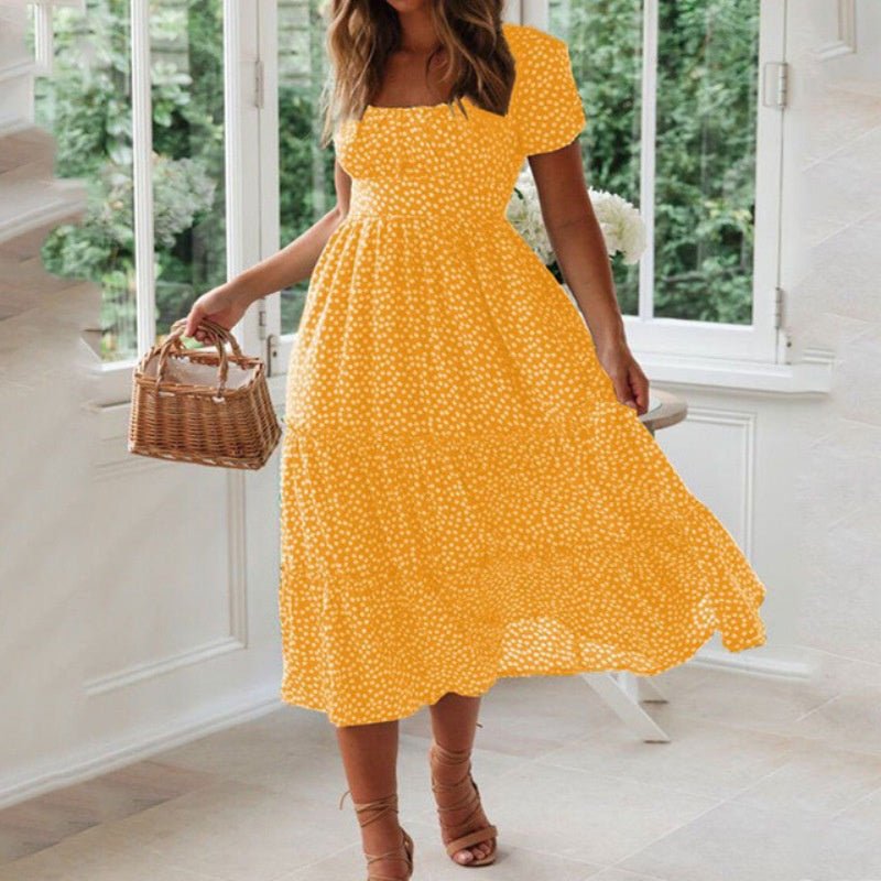 Women's Floral Dress with Square Neck and Bubble Sleeves by Dealightful Finds