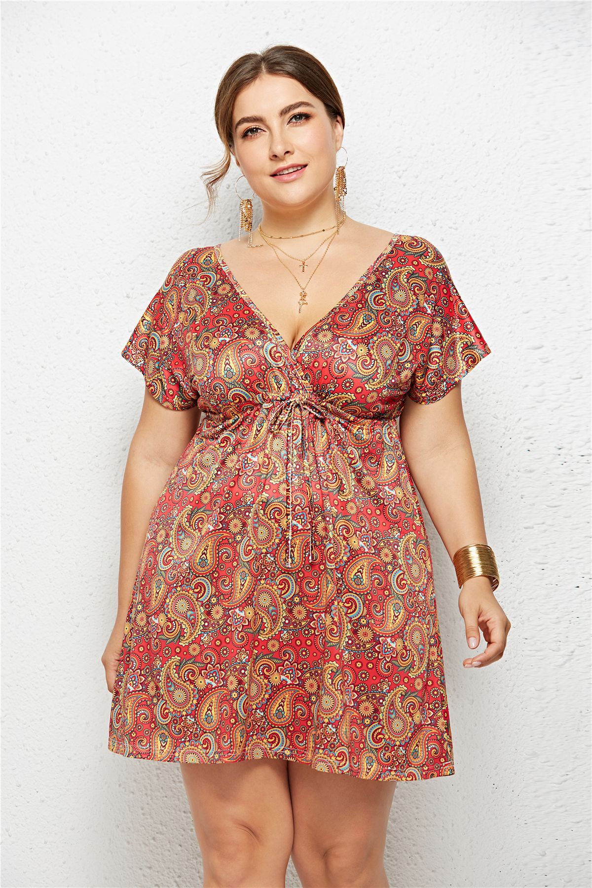 Printed Deep V-Neck Dress with Elastic Waist by Dealightful Finds