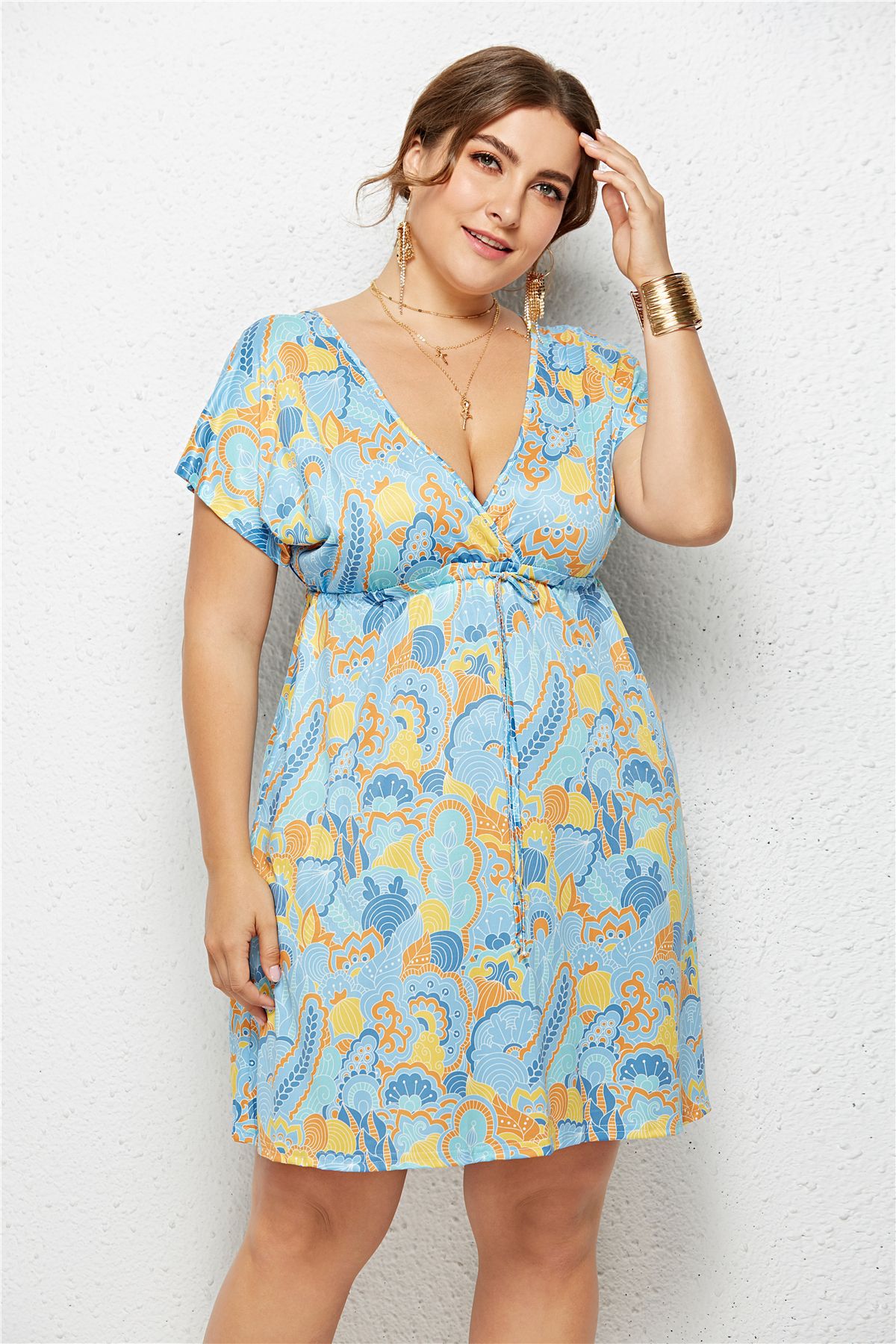 Printed Deep V-Neck Dress with Elastic Waist by Dealightful Finds
