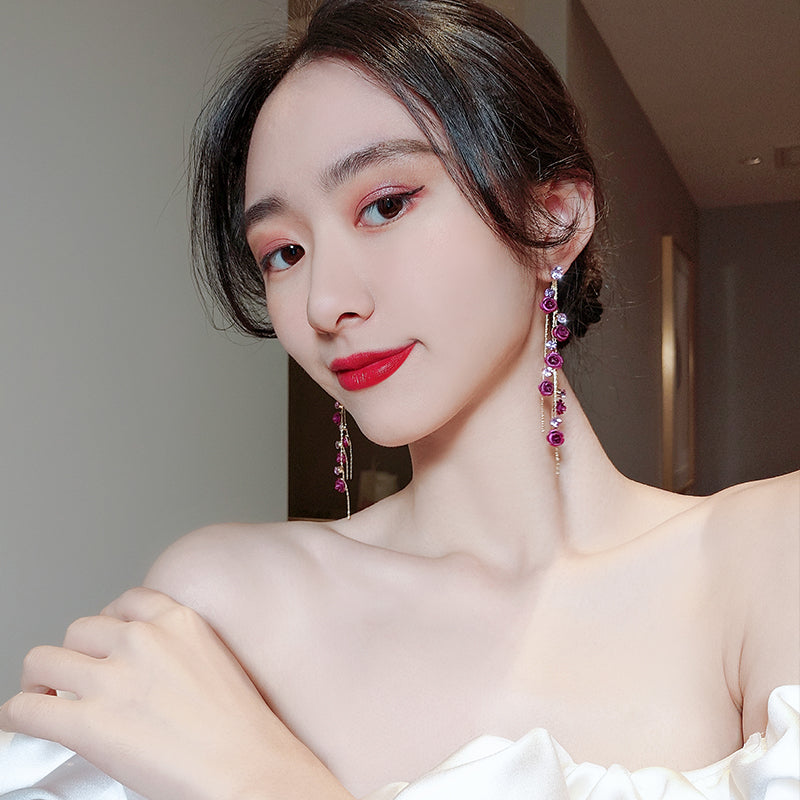 Red Rose Long Petal Tassel Earrings with Silver Studs by Dealightful Finds