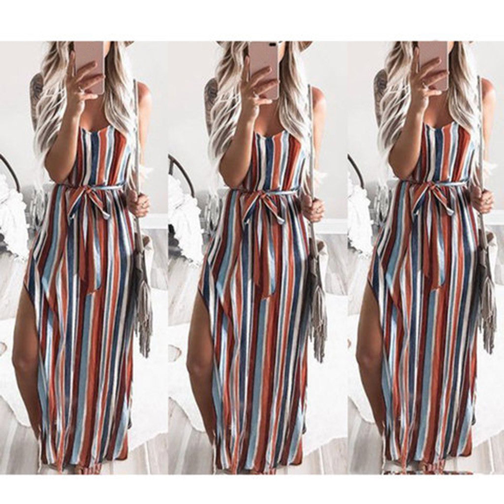 Striped Long Dress with V-Neck and Waist Tie Design by Dealightful Finds