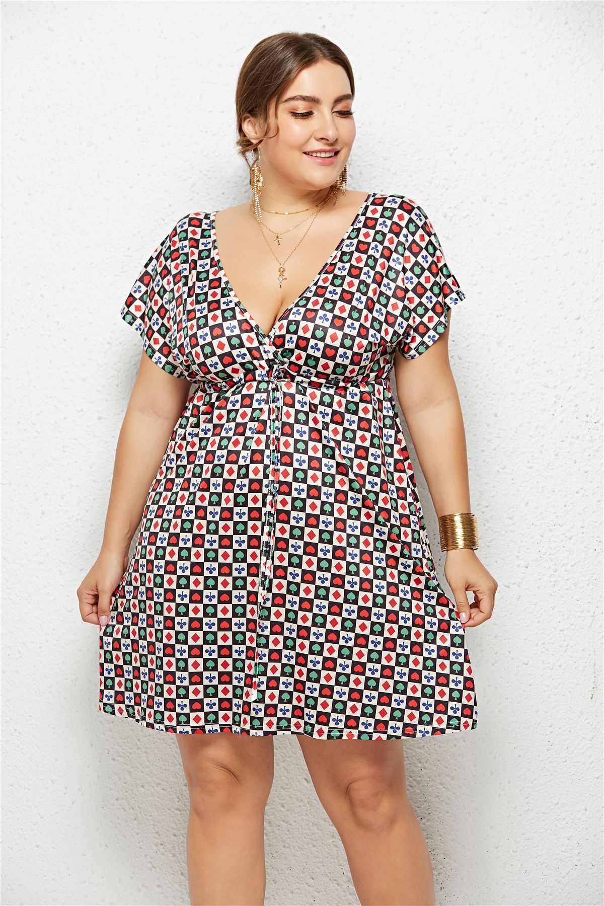 Printed Deep V-Neck Dress with Elastic Waist by Dealightful Finds