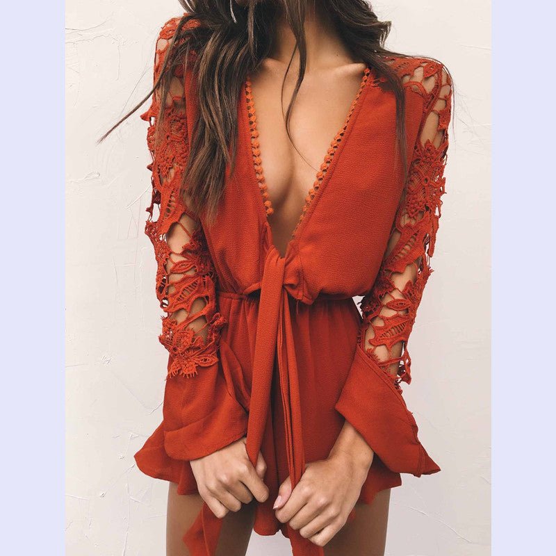 Lace Panel V-Neck Long Sleeve Romper with Ruffles by Dealightful Finds