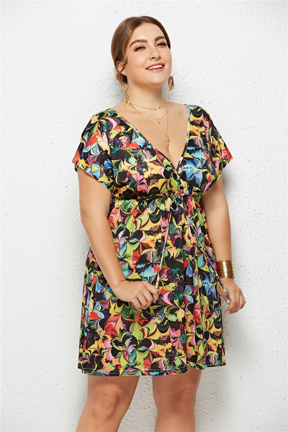 Printed Deep V-Neck Dress with Elastic Waist by Dealightful Finds