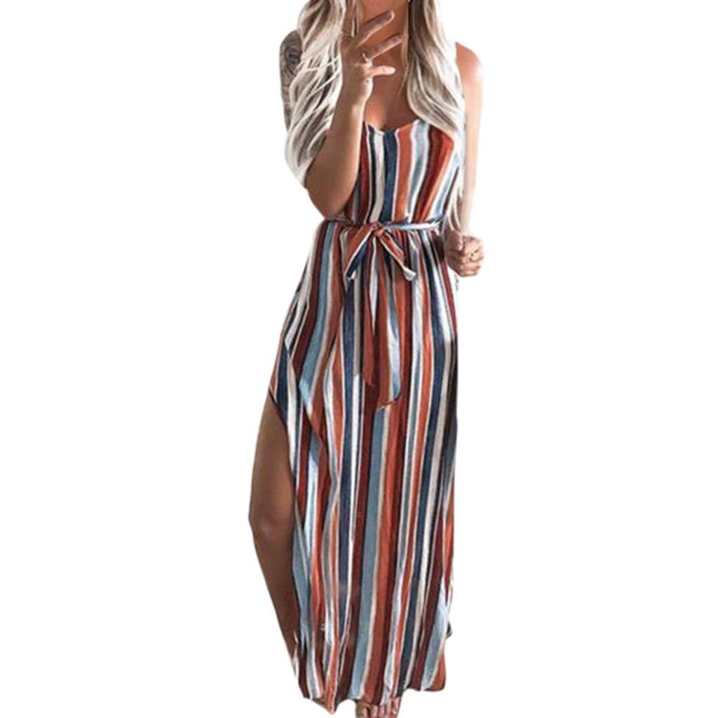 Striped Long Dress with V-Neck and Waist Tie Design by Dealightful Finds