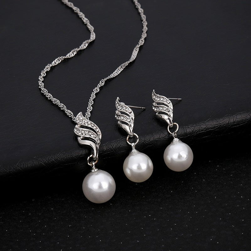 Pearl and Diamond Wave Earrings Necklace Set for Brides by Dealightful Finds