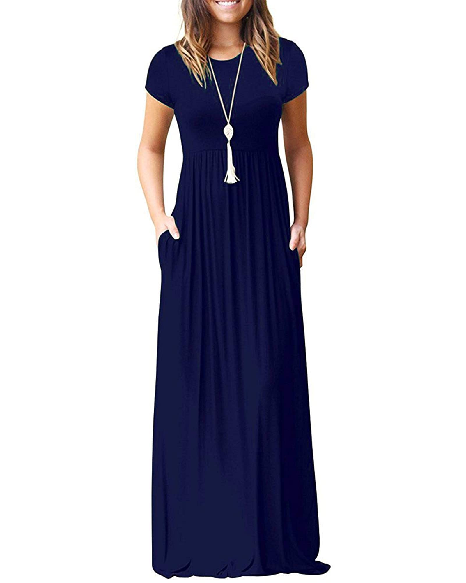 MISFAY Women Short Sleeve Loose Plain Maxi Dresses Casual Long Dresses Pockets(Navy BlueS) by Dealightful Finds