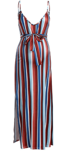 Striped Long Dress with V-Neck and Waist Tie Design by Dealightful Finds