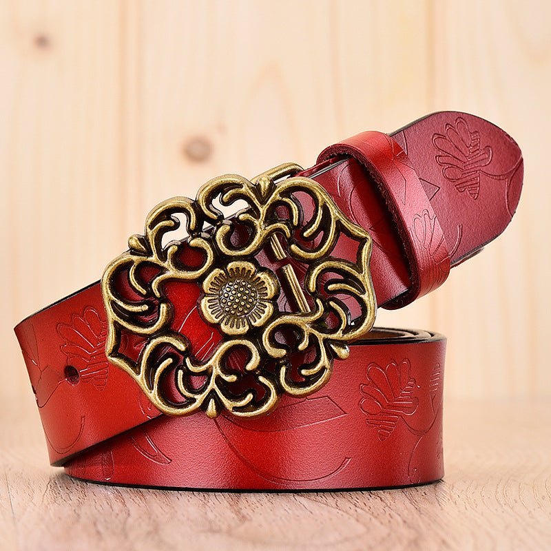 Elegant Wide Carved Flower Hollow Buckle Leather Belt by Dealightful Finds