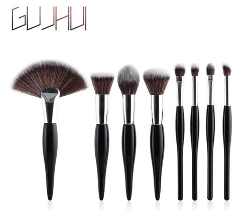 8-Piece Makeup Brush Set with Black Handle and Silver Tubes by Dealightful Finds