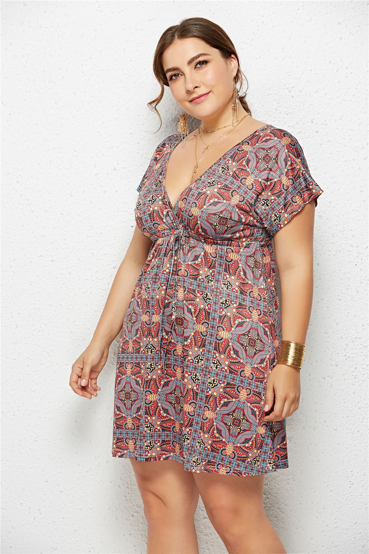 Printed Deep V-Neck Dress with Elastic Waist by Dealightful Finds