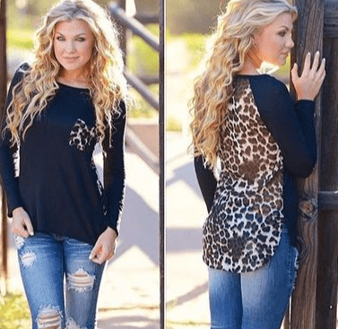 Leopard Print Chiffon Long Sleeve Pocket T-Shirt by Dealightful Finds