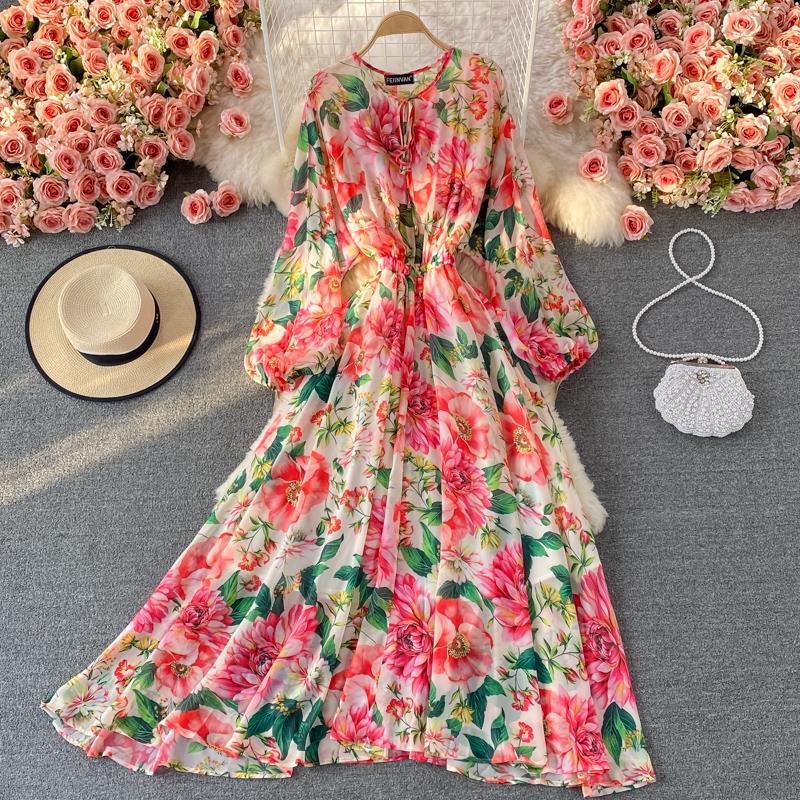 Feminine Round Neck Printed Chiffon Swing Dress by Dealightful Finds