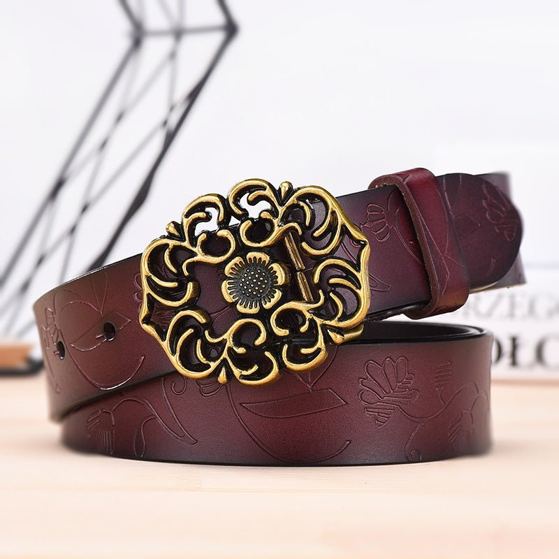 Elegant Wide Carved Flower Hollow Buckle Leather Belt by Dealightful Finds
