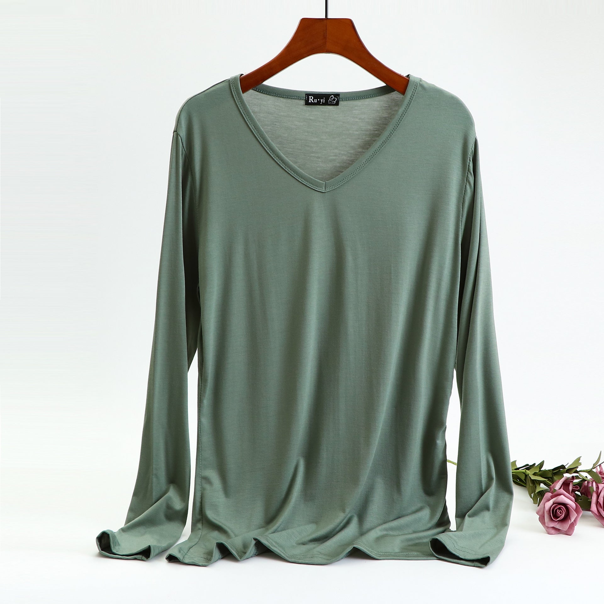 Plus Size Korean V-neck Long Sleeve Casual Top by Dealightful Finds
