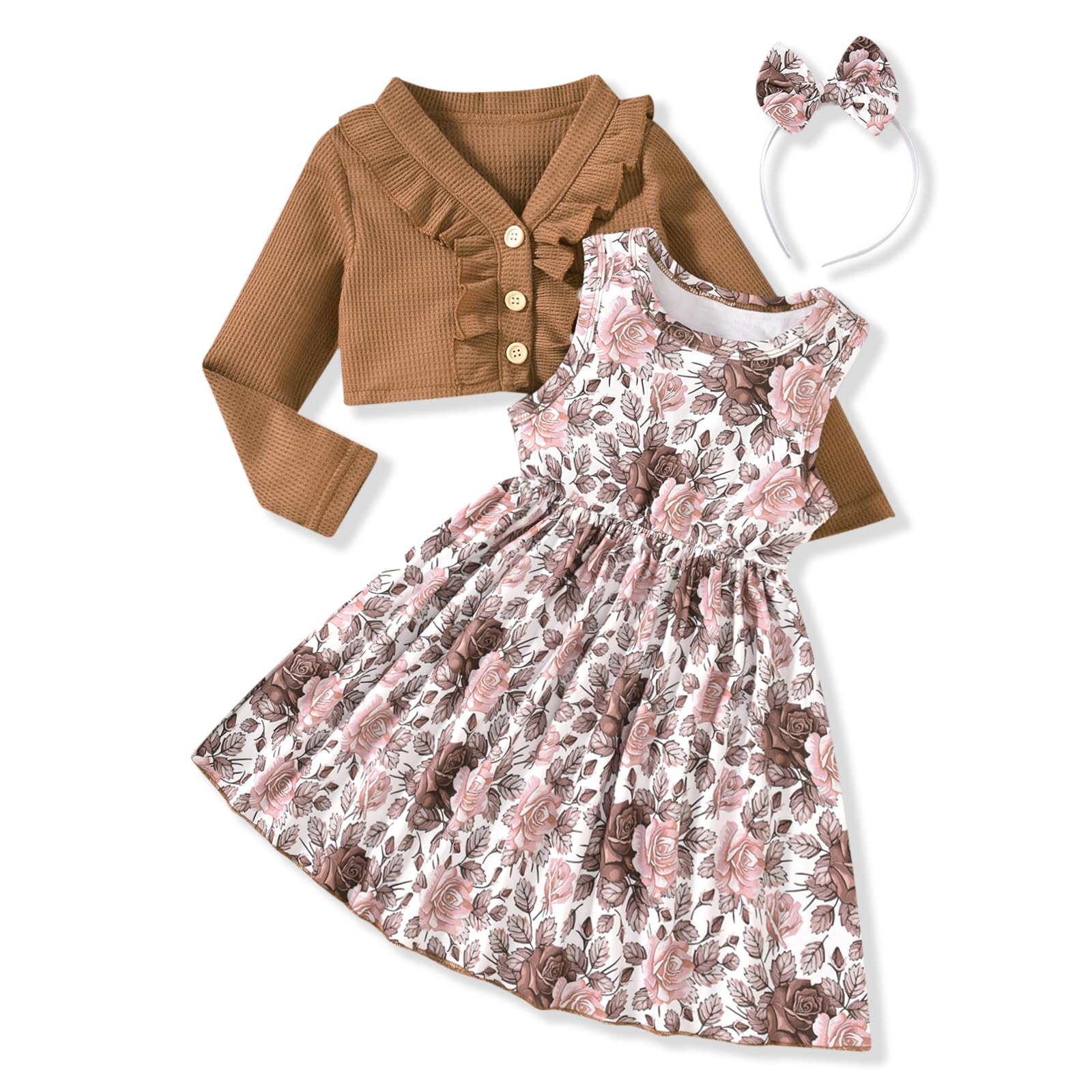 HINTINA 3T Toddler Little Girls Dress And Cardigan Sets Floral Flower Print Sleeveless Dress and Long Sleeve Waffle Cardigan Set Fall Winter Outfits 3-4T by Dealightful Finds