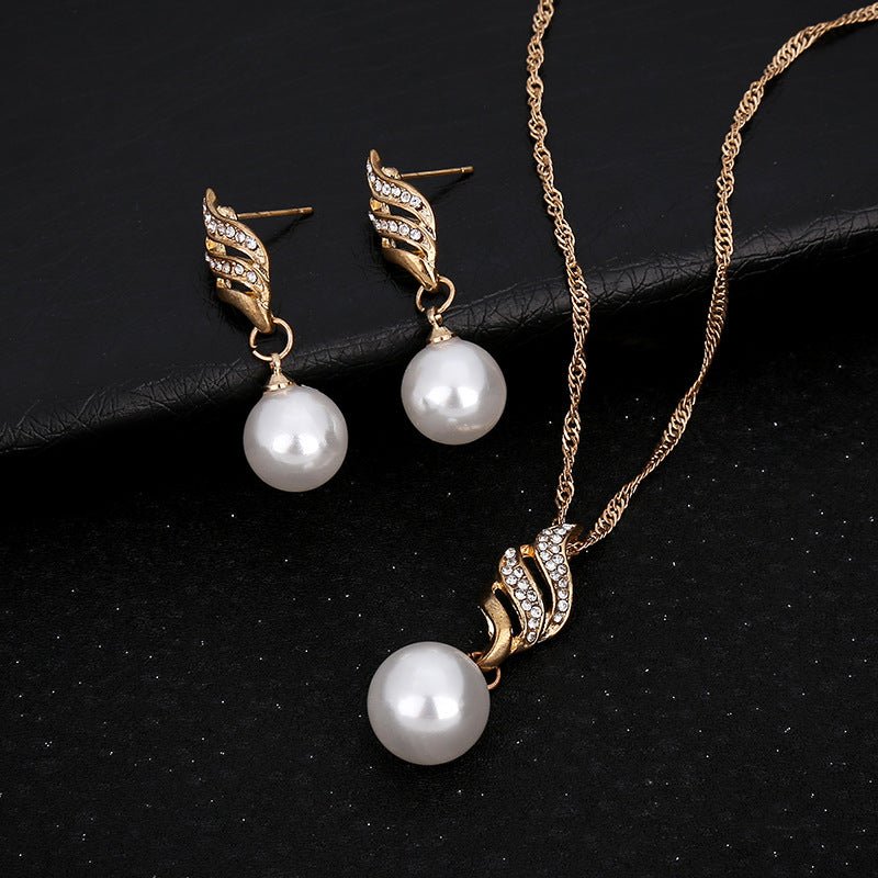 Pearl and Diamond Wave Earrings Necklace Set for Brides by Dealightful Finds