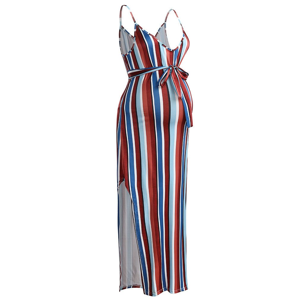 Striped Long Dress with V-Neck and Waist Tie Design by Dealightful Finds