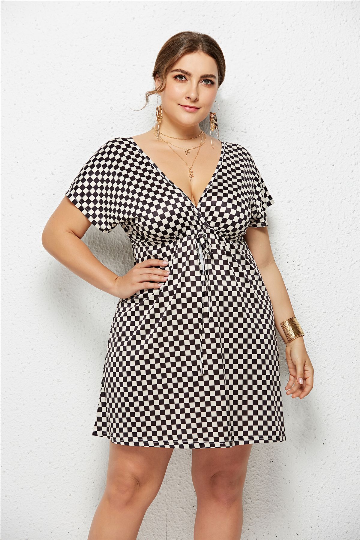 Printed Deep V-Neck Dress with Elastic Waist by Dealightful Finds