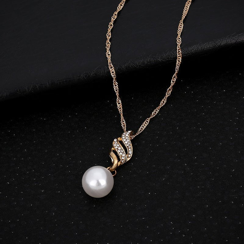 Pearl and Diamond Wave Earrings Necklace Set for Brides by Dealightful Finds