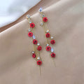 Red Rose Long Petal Tassel Earrings with Silver Studs by Dealightful Finds