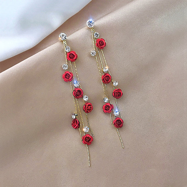 Red Rose Long Petal Tassel Earrings with Silver Studs by Dealightful Finds