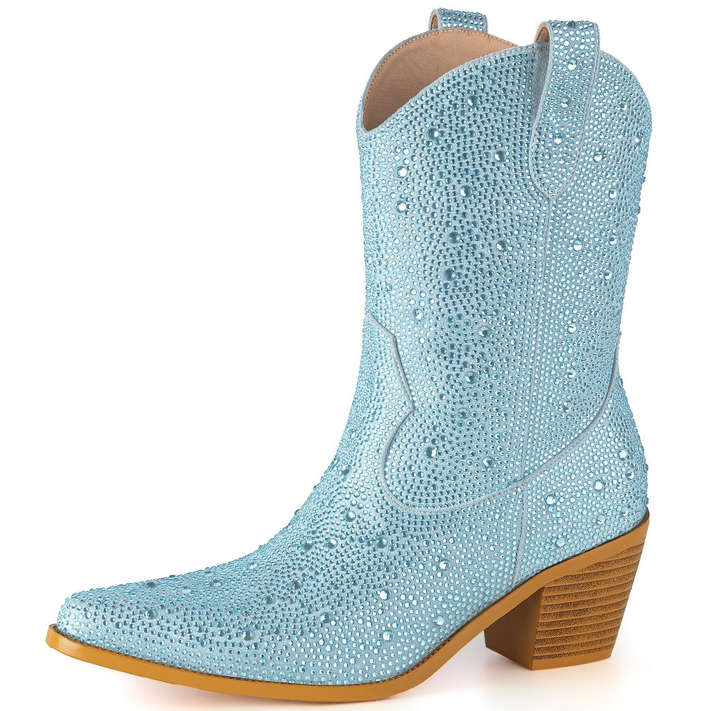 MISSMILLER Women’s Rhinestone Cowboy Boots Pointed Toe Mid Calf Boots Sparkly Block Heel Cowgirl Boots with Pull On Tabs by Dealightful Finds
