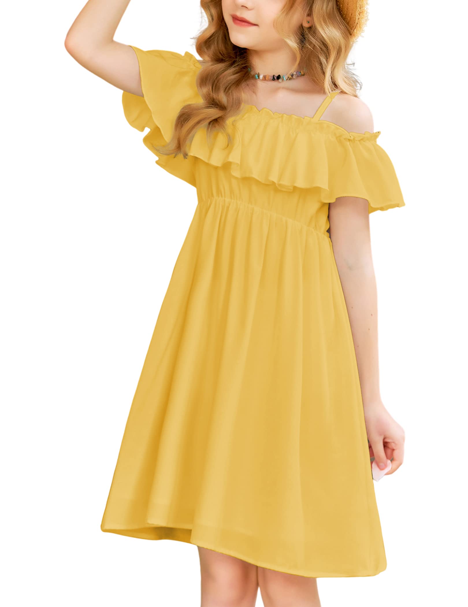 Arshiner Little Girls Cold Shoulder Flounce Trim Summer Casual Spaghetti Strap Dresses Yellow 4-5 Years by Dealightful Finds
