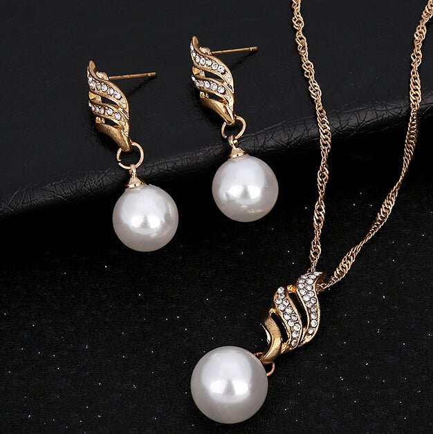 Pearl and Diamond Wave Earrings Necklace Set for Brides by Dealightful Finds