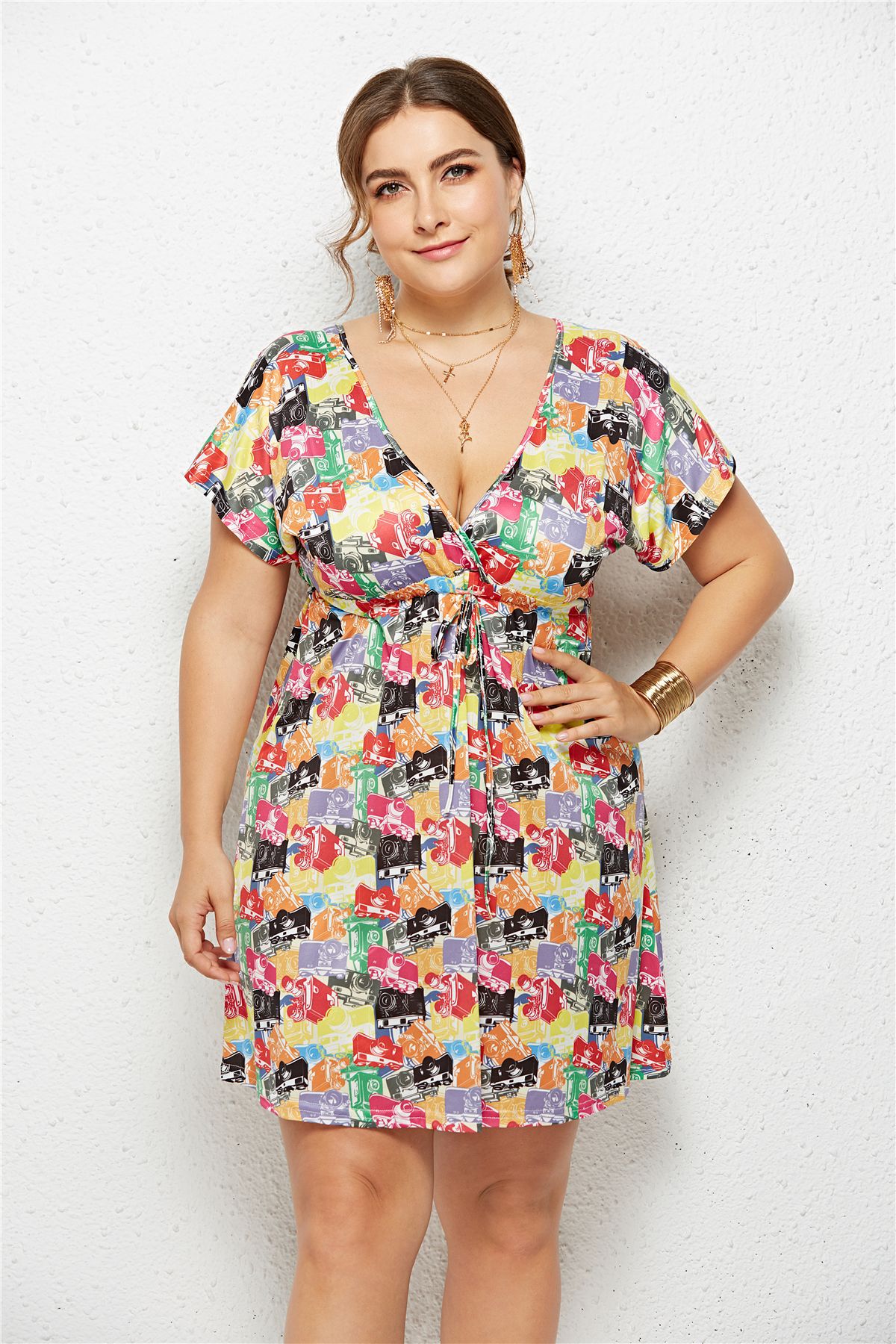 Printed Deep V-Neck Dress with Elastic Waist by Dealightful Finds