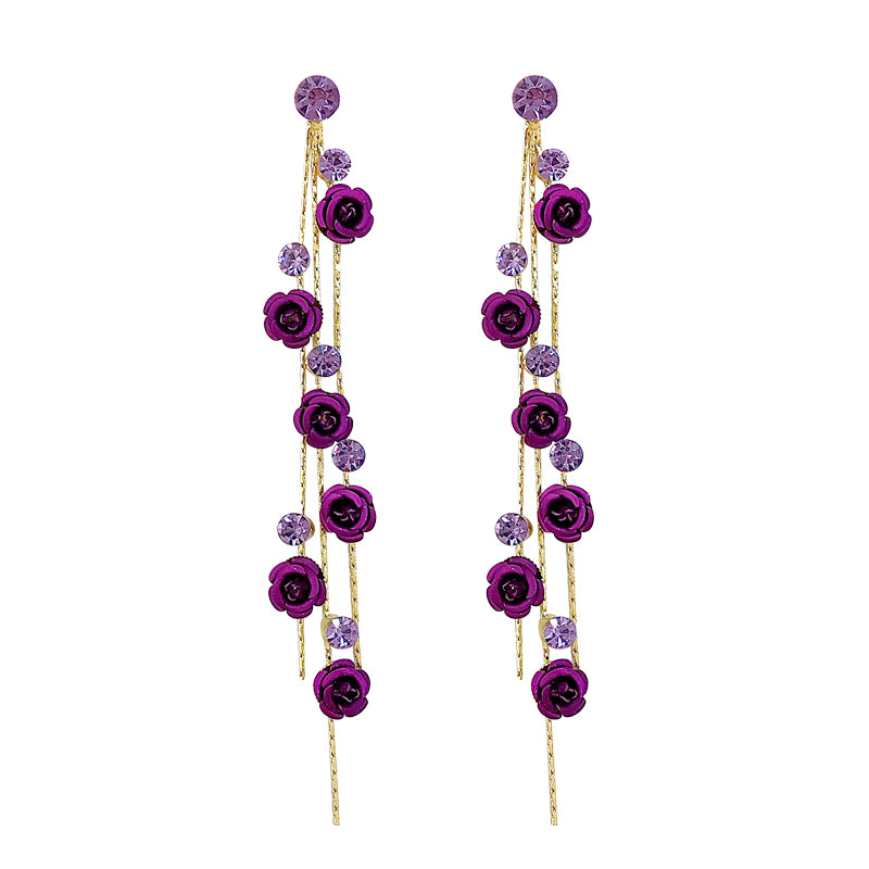 Red Rose Long Petal Tassel Earrings with Silver Studs by Dealightful Finds