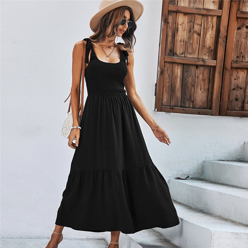Women’s Summer Splicing Solid Black Strap Dress by Dealightful Finds