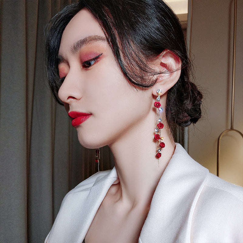 Red Rose Long Petal Tassel Earrings with Silver Studs by Dealightful Finds
