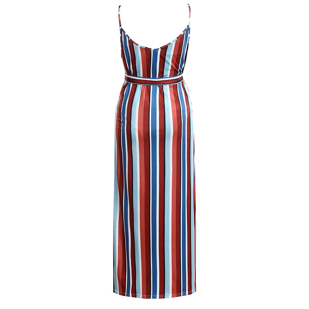 Striped Long Dress with V-Neck and Waist Tie Design by Dealightful Finds