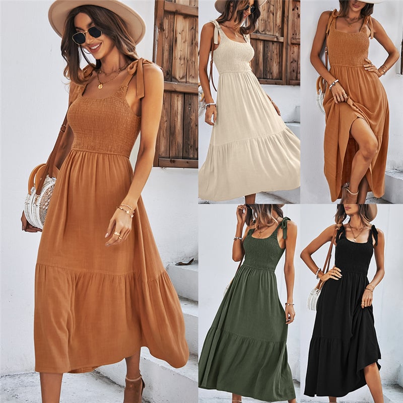 Women’s Summer Splicing Solid Black Strap Dress by Dealightful Finds