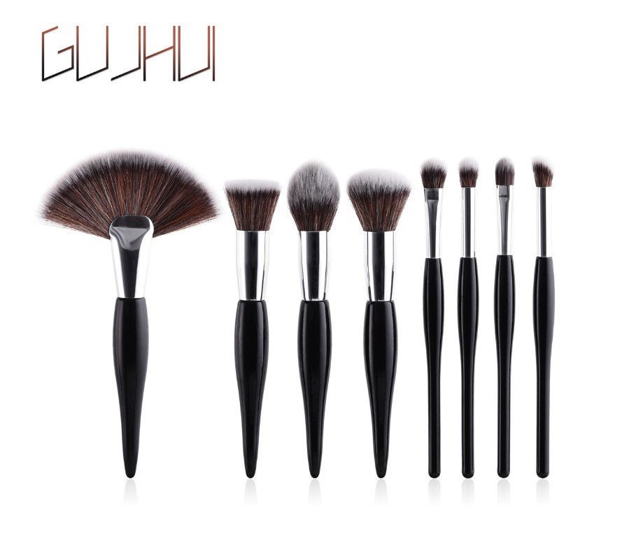 8-Piece Makeup Brush Set with Black Handle and Silver Tubes by Dealightful Finds