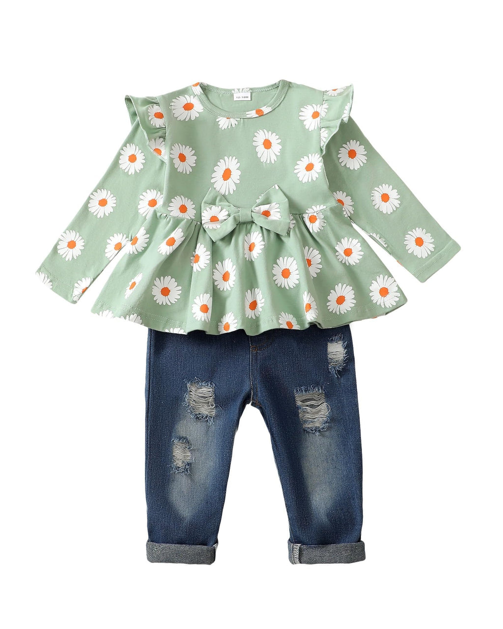 Mioglrie Little Girls Clothes Toddler Girl Outfit 3T 4T Girl Clothes Ruffle Long Sleeve Green Daisy Shirt Denim Pant Ripped Jeans Fall Winter Outfits Clothing by Dealightful Finds