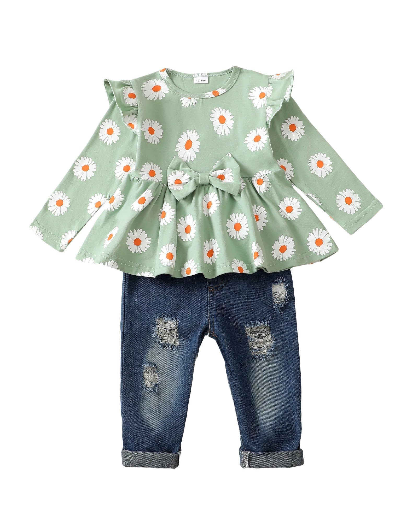 Mioglrie Little Girls Clothes Toddler Girl Outfit 3T 4T Girl Clothes Ruffle Long Sleeve Green Daisy Shirt Denim Pant Ripped Jeans Fall Winter Outfits Clothing by Dealightful Finds