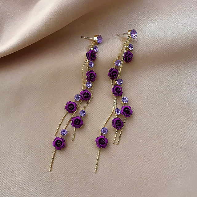 Red Rose Long Petal Tassel Earrings with Silver Studs by Dealightful Finds
