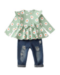 Mioglrie Little Girls Clothes Toddler Girl Outfit 3T 4T Girl Clothes Ruffle Long Sleeve Green Daisy Shirt Denim Pant Ripped Jeans Fall Winter Outfits Clothing by Dealightful Finds